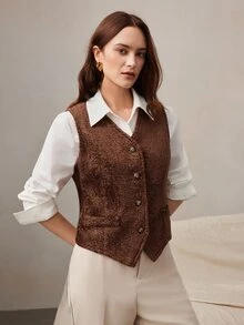 Zovinel Dark Brown Faux Fur Waistcoat Button Closure With Back Buckle Design,Vintage Romantic Elegant For Fall Autumn/Winter, Old Money Style,Party Event - Brown - View 7