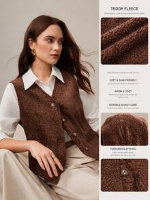 Zovinel Dark Brown Faux Fur Waistcoat Button Closure With Back Buckle Design,Vintage Romantic Elegant For Fall Autumn/Winter, Old Money Style,Party Event - Brown - View 3
