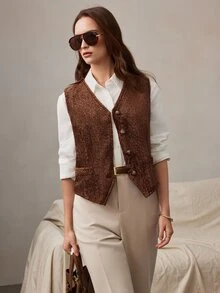Zovinel Dark Brown Faux Fur Waistcoat Button Closure With Back Buckle Design,Vintage Romantic Elegant For Fall Autumn/Winter, Old Money Style,Party Event - Brown - View 4