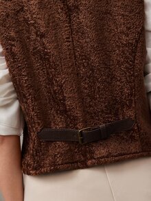 Zovinel Dark Brown Faux Fur Waistcoat Button Closure With Back Buckle Design,Vintage Romantic Elegant For Fall Autumn/Winter, Old Money Style,Party Event - Brown - View 8