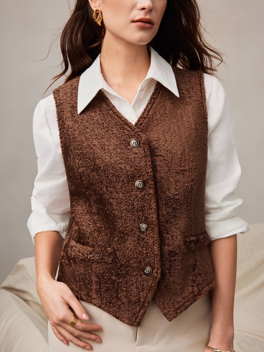 Zovinel Dark Brown Faux Fur Waistcoat Button Closure With Back Buckle Design,Vintage Romantic Elegant For Fall Autumn/Winter, Old Money Style,Party Event - Brown - View 1