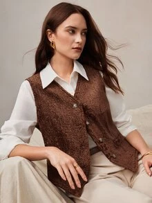 Zovinel Dark Brown Faux Fur Waistcoat Button Closure With Back Buckle Design,Vintage Romantic Elegant For Fall Autumn/Winter, Old Money Style,Party Event - Brown - View 5