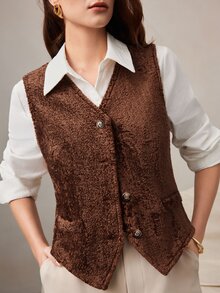 Zovinel Dark Brown Faux Fur Waistcoat Button Closure With Back Buckle Design,Vintage Romantic Elegant For Fall Autumn/Winter, Old Money Style,Party Event - Brown - View 6
