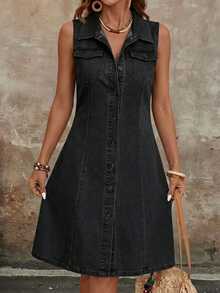 SHEIN Tall Women's Fashion Versatile Pocket Button Denim Dress Teacher Outfits For Women - Black - View 1