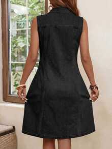SHEIN Tall Women's Fashion Versatile Pocket Button Denim Dress Teacher Outfits For Women - Black - View 2