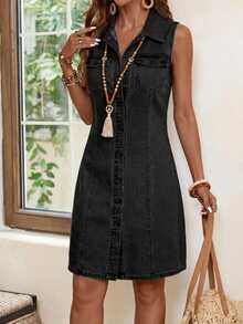 SHEIN Tall Women's Fashion Versatile Pocket Button Denim Dress Teacher Outfits For Women - Black - View 6