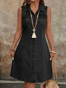 SHEIN Tall Women's Fashion Versatile Pocket Button Denim Dress Teacher Outfits For Women - Black - View 5