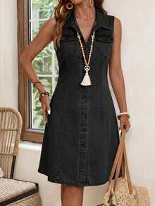 SHEIN Tall Women's Fashion Versatile Pocket Button Denim Dress Teacher Outfits For Women - Black - View 4