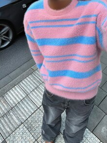 Manfinity EMRG 男士休闲宽松条纹针织衫，圆领，长袖，秋冬款 - 粉色 - 查看 6