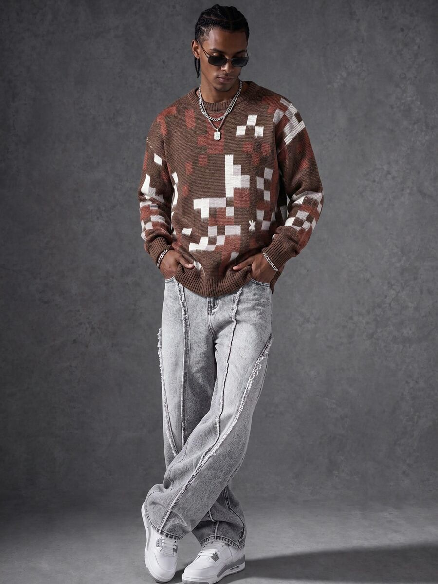 Manfinity EMRG Men's Casual Basic Colorblock Crew Neck Long Sleeve Sweater, Fall/Winter - Coffee Brown - View 1
