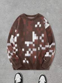 Manfinity EMRG Men's Casual Basic Colorblock Crew Neck Long Sleeve Sweater, Fall/Winter - Coffee Brown - View 3