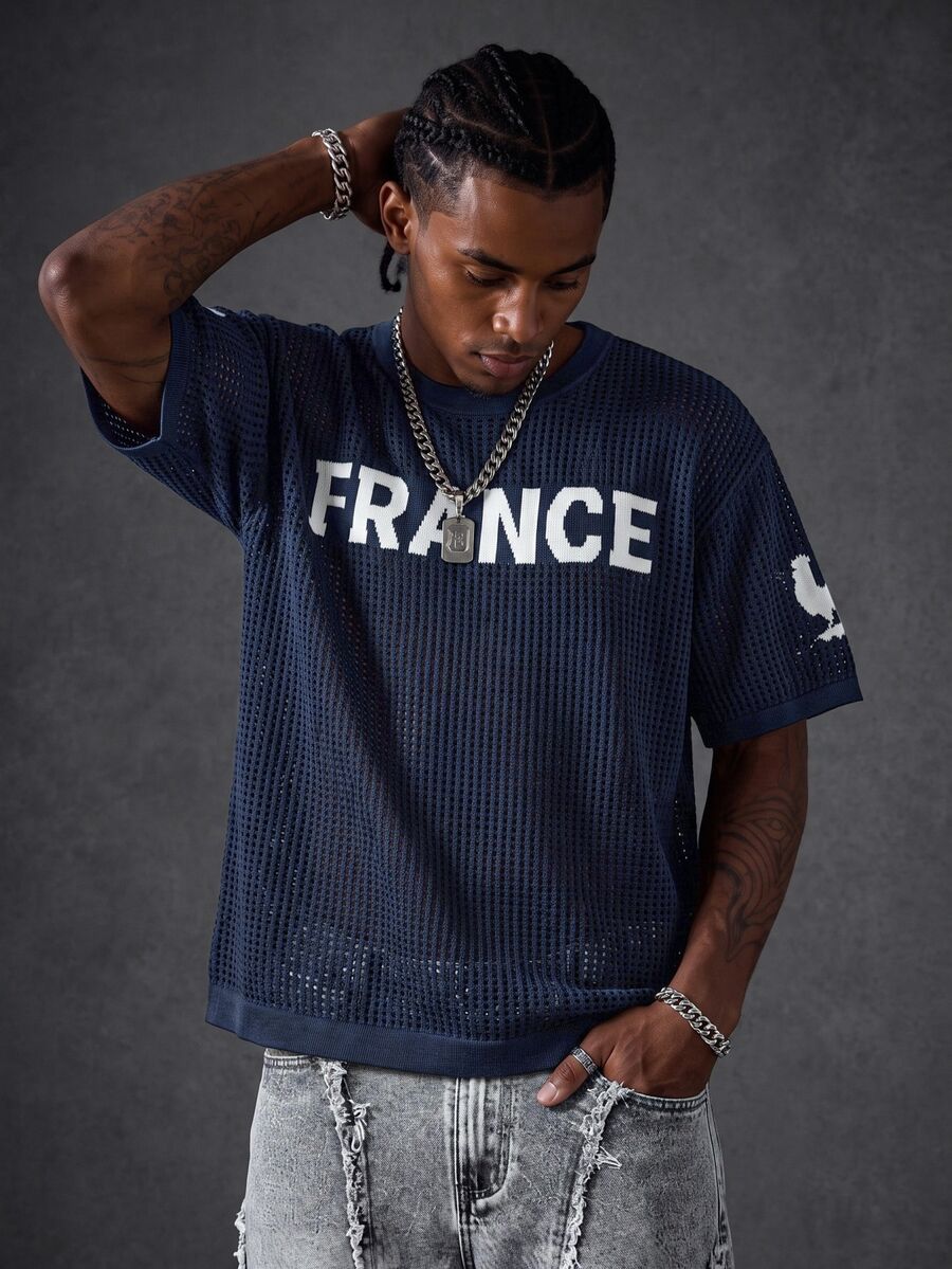 Manfinity EMRG Men's Letter & Graphic Print Crew Neck Short Sleeve Knit Top, Football - Royal Blue - View 1
