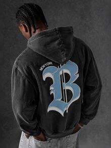 Manfinity EMRG Men's Dark Grey Streetwear Hoodie,Autumn Knitted Sweatshirt,Loose Cropped Cross Pattern Minimalist Ink Line Design,Versatile Holiday Gift,Unisex - Black - View 1