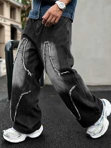 Manfinity EMRG 男士美式街頭風街頭服飾 拼接刺繡毛邊牛仔長褲 度假炭灰色 夏季假期 DJ - 黑色 - 查看 5