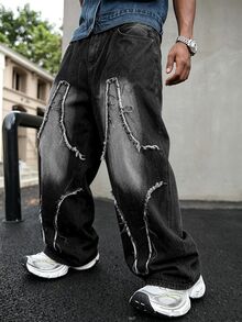 Manfinity EMRG 男士美式街頭風街頭服飾 拼接刺繡毛邊牛仔長褲 度假炭灰色 夏季假期 DJ - 黑色 - 查看 3