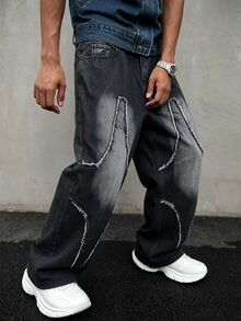 Manfinity EMRG 男士美式街頭風街頭服飾 拼接刺繡毛邊牛仔長褲 度假炭灰色 夏季假期 DJ - 黑色 - 查看 4
