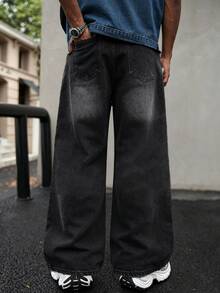 Manfinity EMRG 男士美式街頭風街頭服飾 拼接刺繡毛邊牛仔長褲 度假炭灰色 夏季假期 DJ - 黑色 - 查看 2