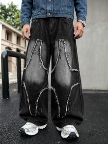 Manfinity EMRG 男士美式街頭風街頭服飾 拼接刺繡毛邊牛仔長褲 度假炭灰色 夏季假期 DJ - 黑色 - 查看 6