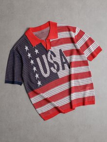 Manfinity EMRG Men's Striped & Letter Print Contrast Color Short Sleeve Knit Top, Football - Red - View 3