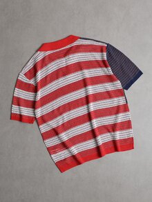 Manfinity EMRG Men's Striped & Letter Print Contrast Color Short Sleeve Knit Top, Football - Red - View 2