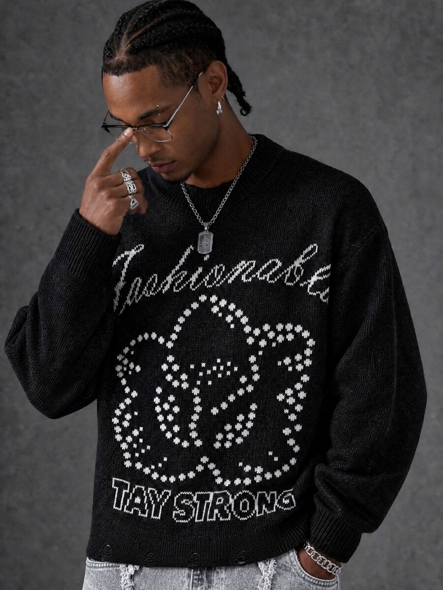 Manfinity EMRG Men's Casual Floral & Letter Graphic Colorful Knit Crew Neck Long Sleeve Pullover Sweater, Suitable For Autumn/Winter, Vacation, Friends - Multicolor - View 1