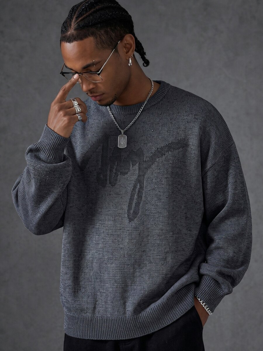 Manfinity EMRG Men's Basic Casual Crew Neck Long Sleeve Sweater, Fall Winter - Black - View 1