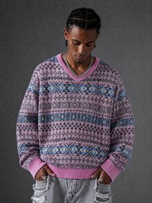 Manfinity EMRG Men's Casual Geometric Pattern Sweater, Autumn/Winter - Multicolor - View 1