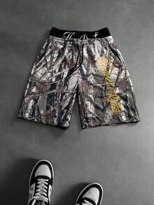 Manfinity EMRG Men's High Waist Maple Leaf Print Embroidered Pocket Fashionable Hip Hop Shorts, Holiday - Multicolor - View 7