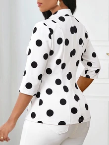 SHEIN Lady 女款優雅通勤波點印花西裝外套 - 黑與白 - 查看 2