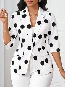 SHEIN Lady 女款優雅通勤波點印花西裝外套 - 黑與白 - 查看 3