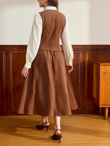 Vintamour Vintage Classic Elegant Women's 2 Pieces Set, Autumn/Winter 2 In 1, Mixed Fabric Patchwork, Bowknot, Brown, Long Sleeve, Button Detail Back To School - Brown - View 3