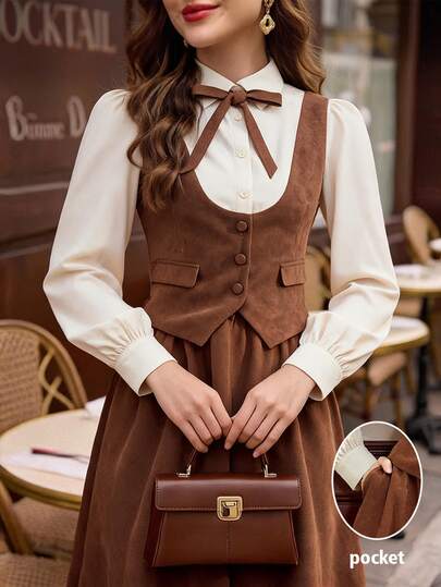 Vintamour Vintage Classic Elegant Women's 2 Pieces Set, Autumn/Winter 2 In 1, Mixed Fabric Patchwork, Bowknot, Brown, Long Sleeve, Button Detail Back To School