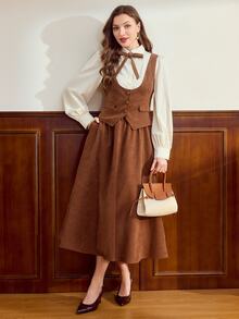 Vintamour Vintage Classic Elegant Women's 2 Pieces Set, Autumn/Winter 2 In 1, Mixed Fabric Patchwork, Bowknot, Brown, Long Sleeve, Button Detail Back To School - Brown - View 8