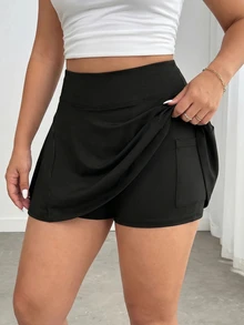 Enliva Plus Size High-Waisted Stretchy Two-In-One Shark Skirt With Built-In Large Pocket - Compatible With Apple Gym Tennis Black Autumn Gym Sport Fall - Black - View 3