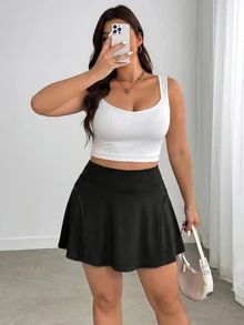 Enliva Plus Size High-Waisted Stretchy Two-In-One Shark Skirt With Built-In Large Pocket - Compatible With Apple Gym Tennis Black Autumn Gym Sport Fall - Black - View 6