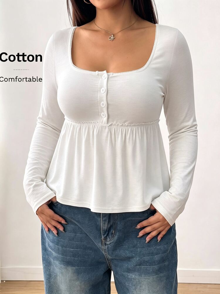 CovetEZ New Comfortable Pure Cotton Long Sleeve Ruffle Hem A-Line Casual Plus Size T-Shirt Fall - White - View 1