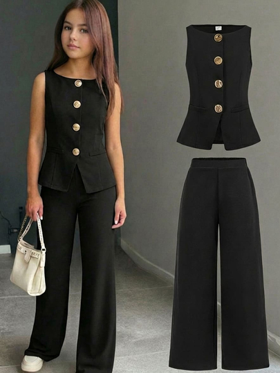 Firerie Kids Tween Girls Metal Buckle Black Suit Vest 2 Pieces Set,Fashionable Casual Summer Outfit For Tea Party,Vacation,Daily Leisure,Commuting,Sister Photo