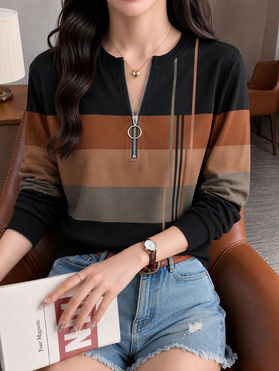 EMERY ROSE 女士休闲简约风三色条纹印花圆领半拉链卫衣,适合秋冬季穿着 - 彩色 - 查看 1
