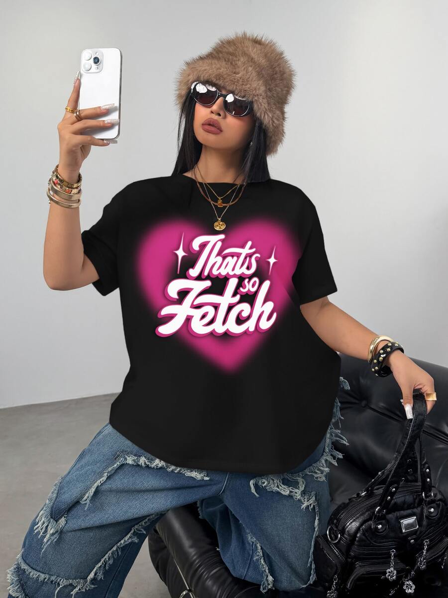 Mean Girls | SHEIN Plus Size Fashion Letter & Heart Graphic Print Round Neck Short Sleeve T-Shirt - White - View 1