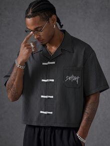 Manfinity EMRG Men's Casual Striped Short Sleeve Shirt, Summer - Black - View 2