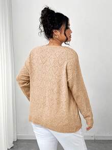 Elenzga Plus Size Women's Spring/Autumn Semi-Sheer Hollow-Out Round Neck Loose Drop Shoulder Casual Knit Top, Heart Pattern Hollow-Out Pullover Sweater For Daily Wear - Camel - View 3