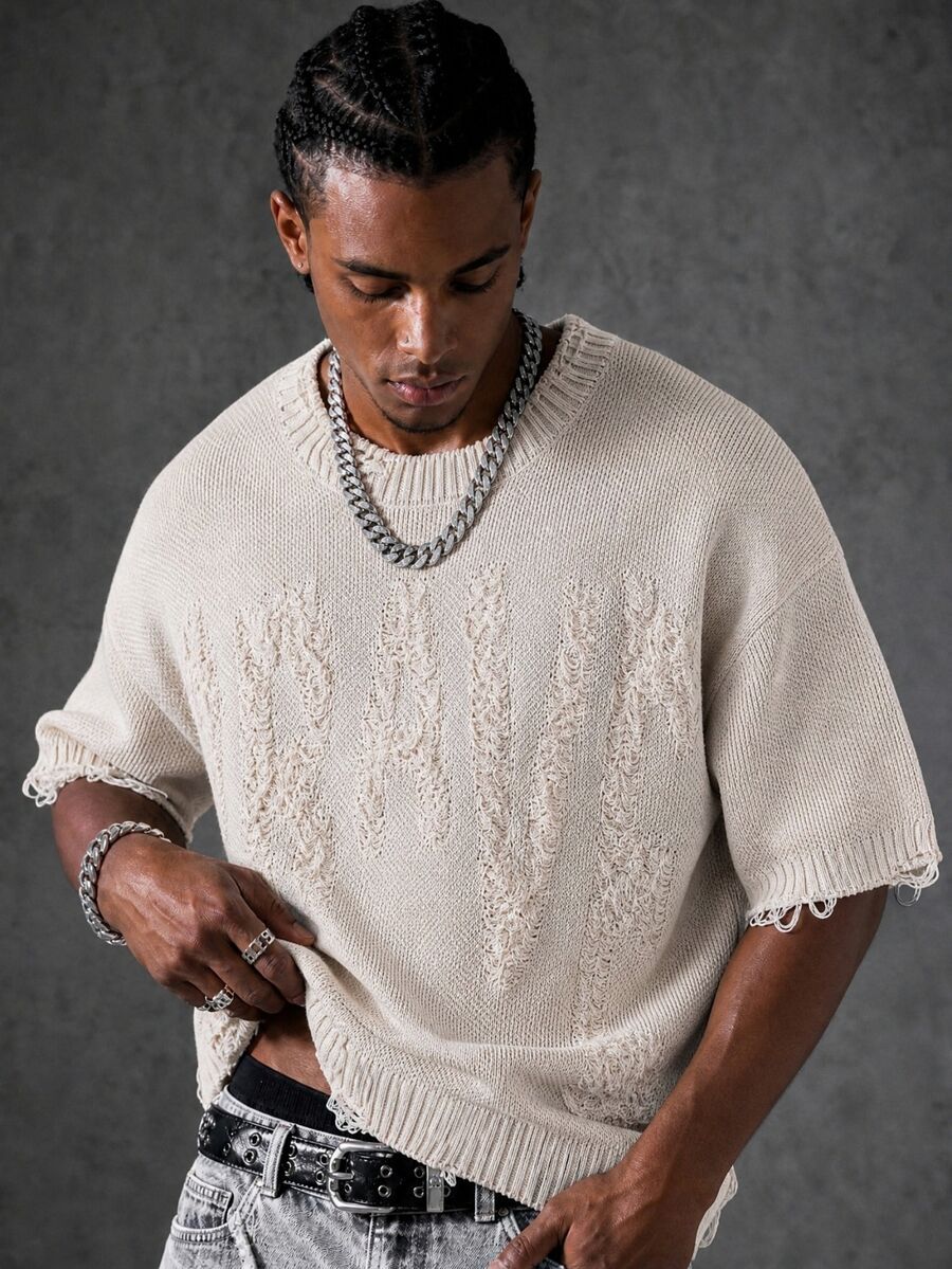 Manfinity EMRG Men's Solid Color Distressed Short Sleeve Knit Top - Apricot - View 1