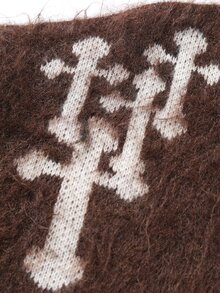 Manfinity EMRG 男士休闲十字纹圆领抓绒针织衫，秋冬季长袖上衣 - 咖啡棕 - 查看 6