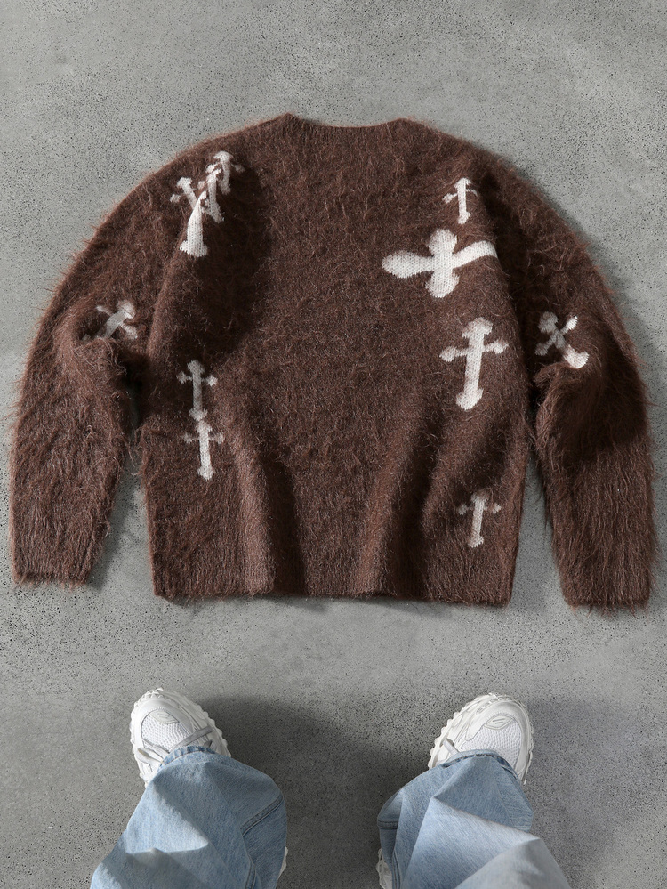 Manfinity EMRG Men's Casual Cross Pattern Crew Neck Fleece Knit Sweater, Autumn/Winter, Long Sleeve Top - Coffee Brown - View 2