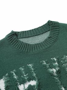 Manfinity EMRG Men's Letter Distressed Crew Neck Long Sleeve Casual Sweater, Autumn/Winter - Dark Green - View 4