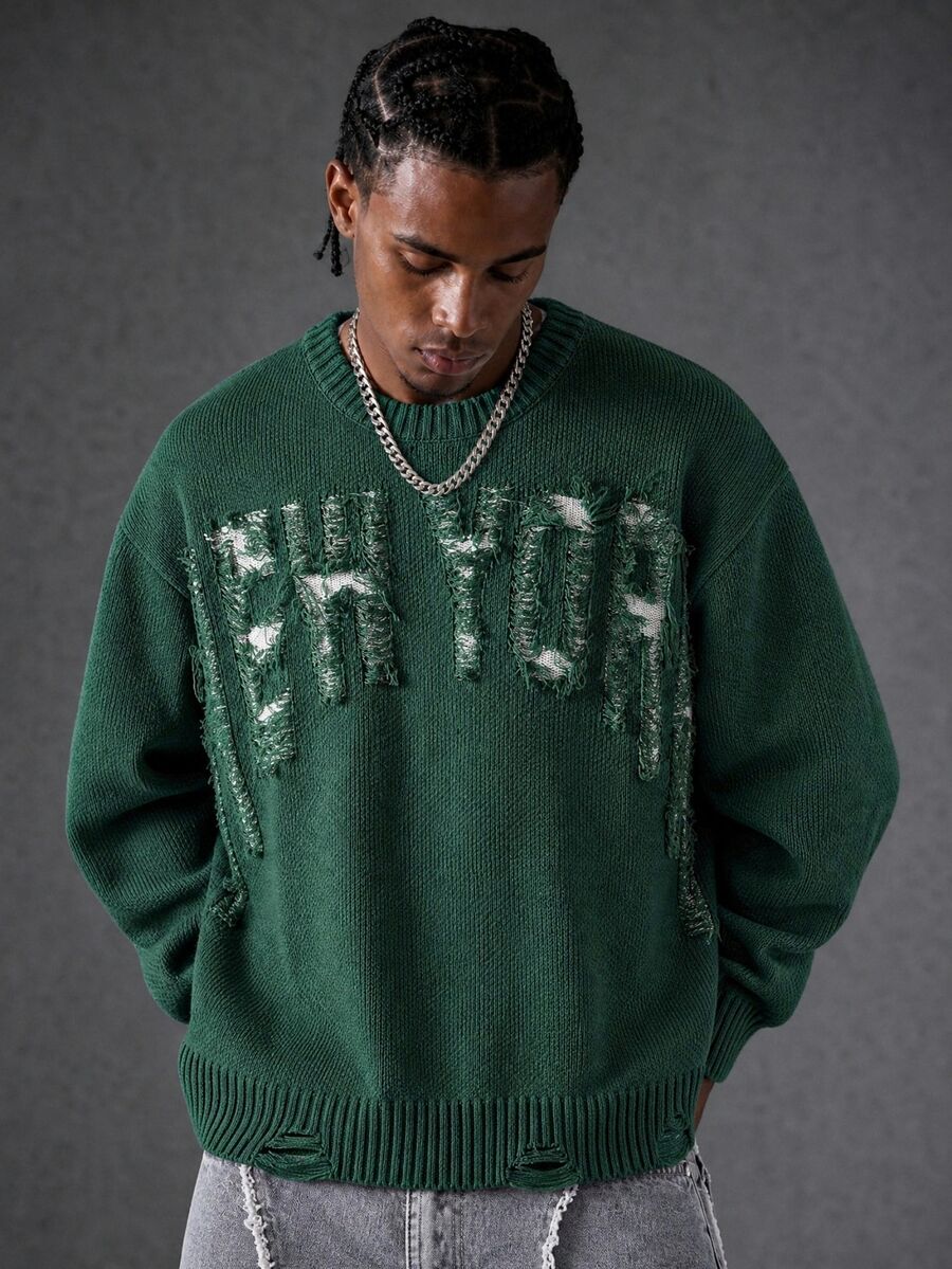 Manfinity EMRG Men's Letter Distressed Crew Neck Long Sleeve Casual Sweater, Autumn/Winter - Dark Green - View 1