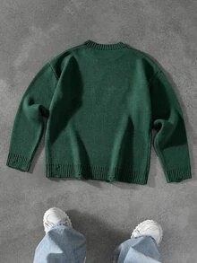 Manfinity EMRG Men's Letter Distressed Crew Neck Long Sleeve Casual Sweater, Autumn/Winter - Dark Green - View 2