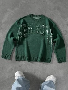 Manfinity EMRG Men's Letter Distressed Crew Neck Long Sleeve Casual Sweater, Autumn/Winter - Dark Green - View 3