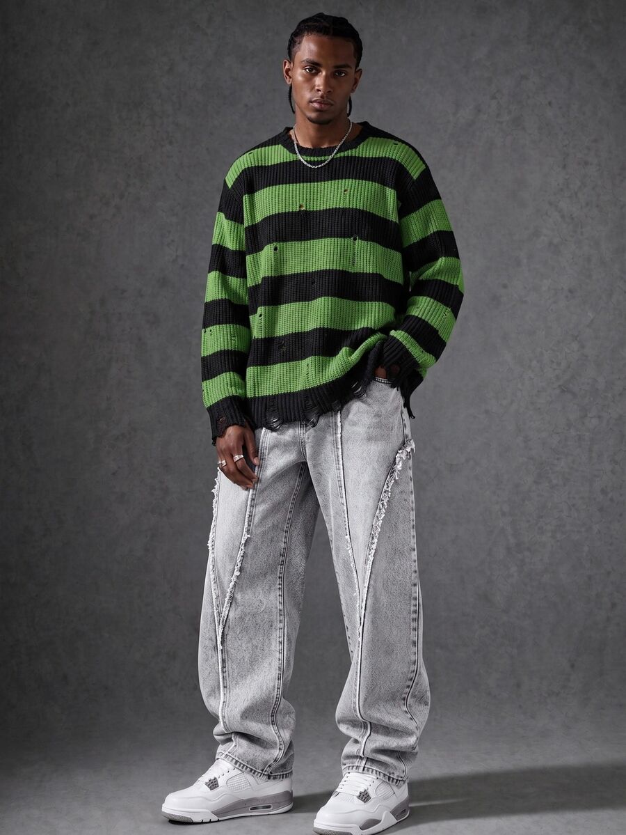 Manfinity EMRG Men's Casual Colorblock Striped Distressed Sweater, Autumn/Winter, Long Sleeve Top - Green - View 1