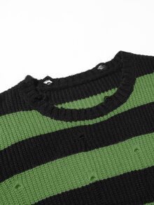 Manfinity EMRG Men's Casual Colorblock Striped Distressed Sweater, Autumn/Winter, Long Sleeve Top - Green - View 4